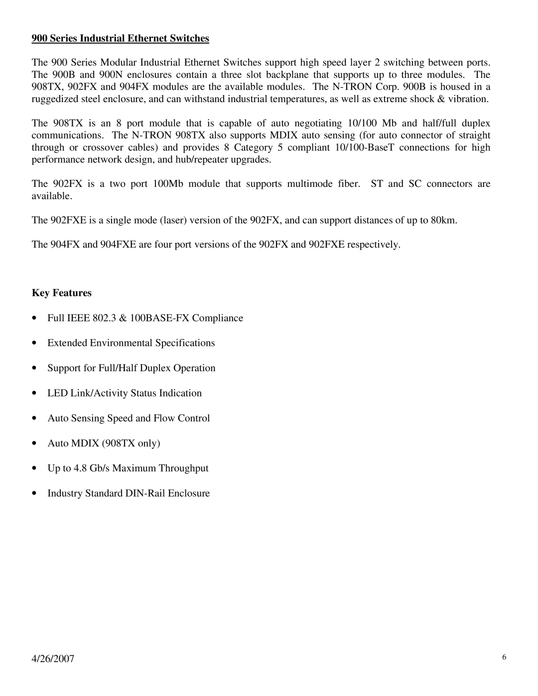 N-Tron 900 manual Series Industrial Ethernet Switches, Key Features 