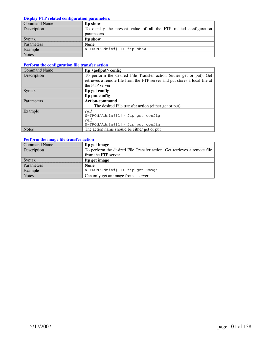 N-Tron 9000 Series 17/2007 101, Display FTP related configuration parameters, Perform the image file transfer action 