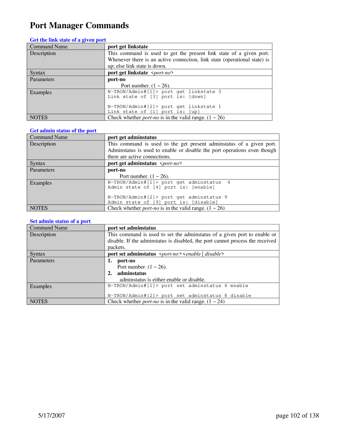 N-Tron 9000 Series Port Manager Commands, 17/2007 102, Get the link state of a given port, Get admin status of the port 