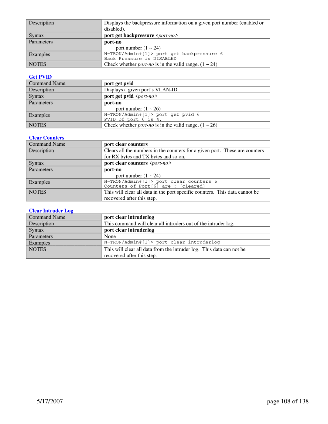 N-Tron 9000 Series user manual 17/2007 108, Get Pvid, Clear Counters, Clear Intruder Log 