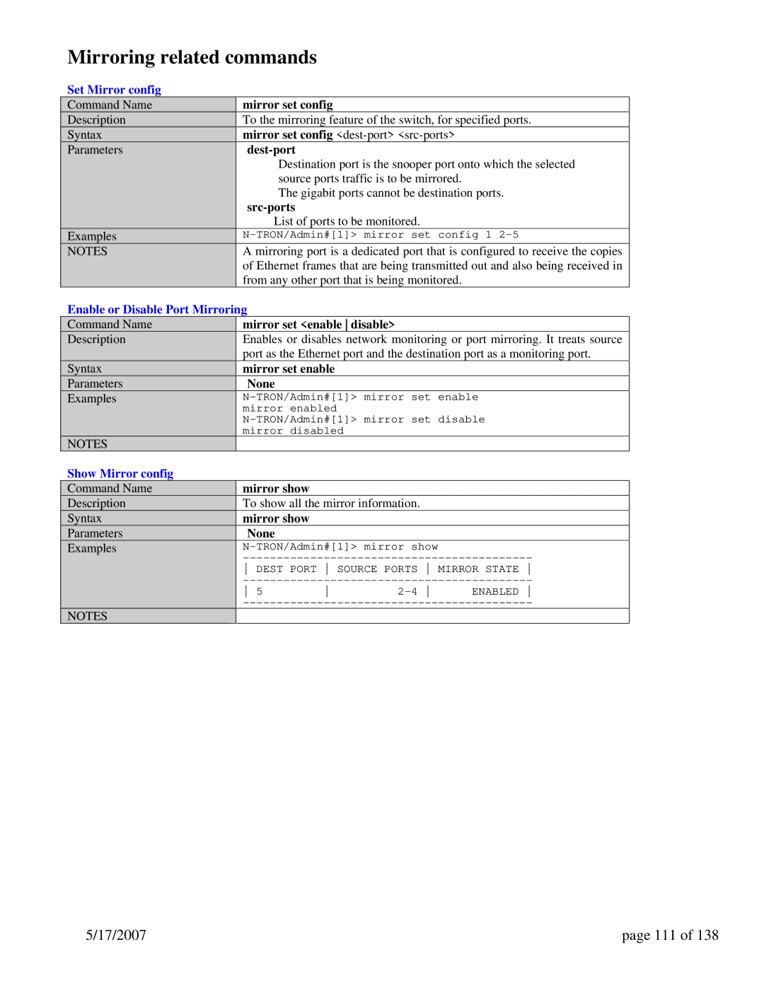 N-Tron 9000 Series user manual Mirroring related commands, 17/2007 111, Set Mirror config, Enable or Disable Port Mirroring 