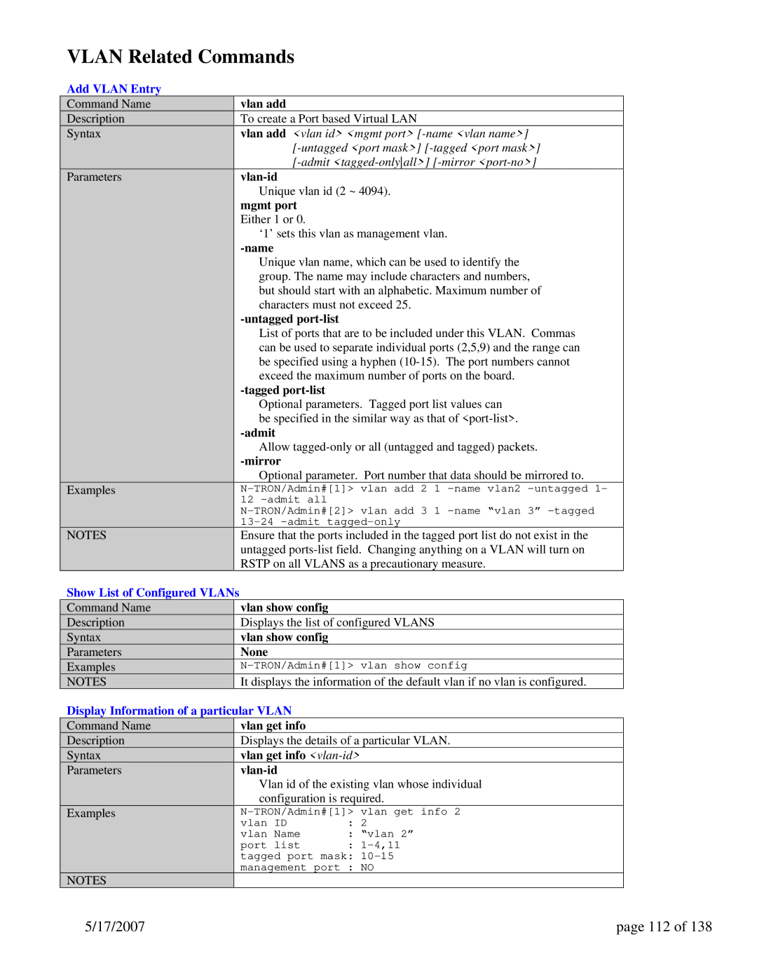 N-Tron 9000 Series user manual Vlan Related Commands, 17/2007 112, Add Vlan Entry, Show List of Configured VLANs 