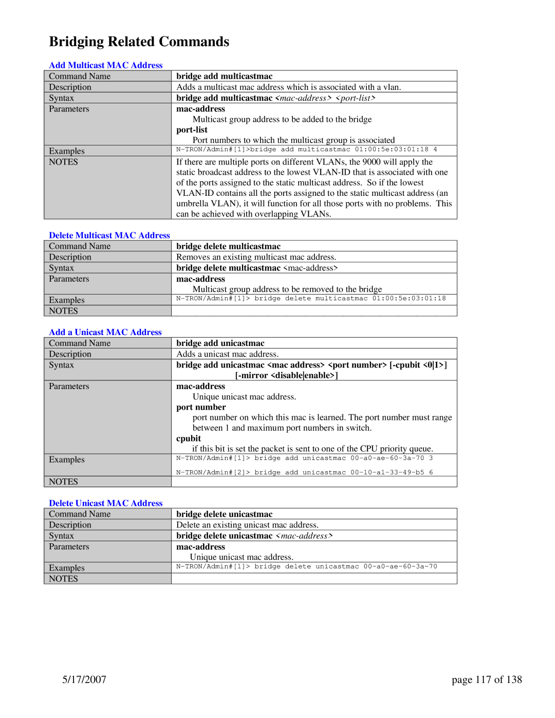 N-Tron 9000 Series user manual Bridging Related Commands, 17/2007 117 