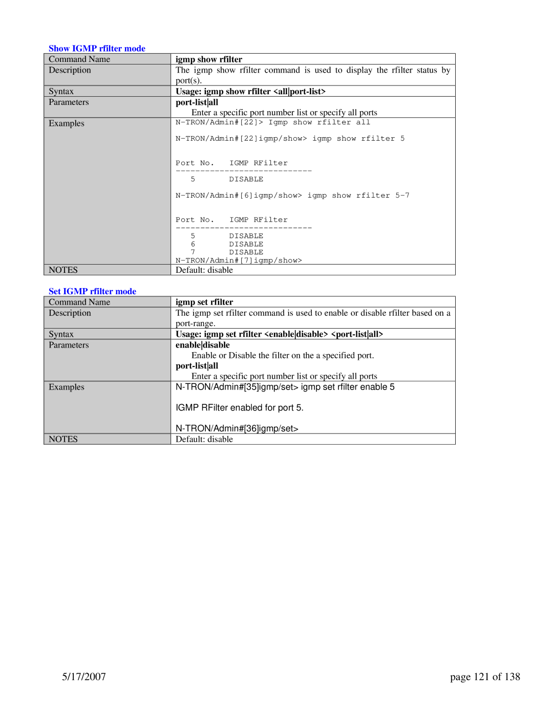 N-Tron 9000 Series user manual 17/2007 121, Show Igmp rfilter mode, Set Igmp rfilter mode 