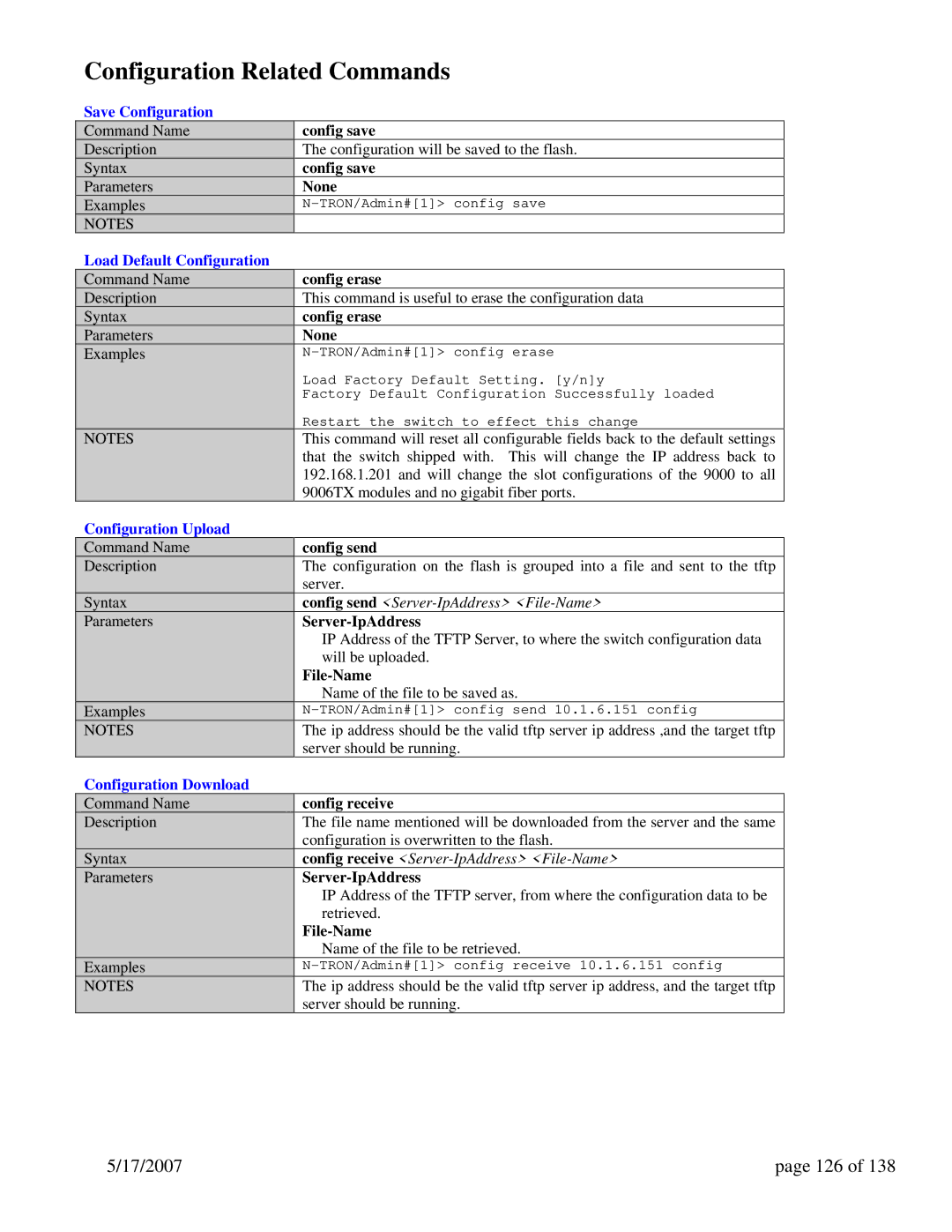 N-Tron 9000 Series user manual Configuration Related Commands, 17/2007 126 