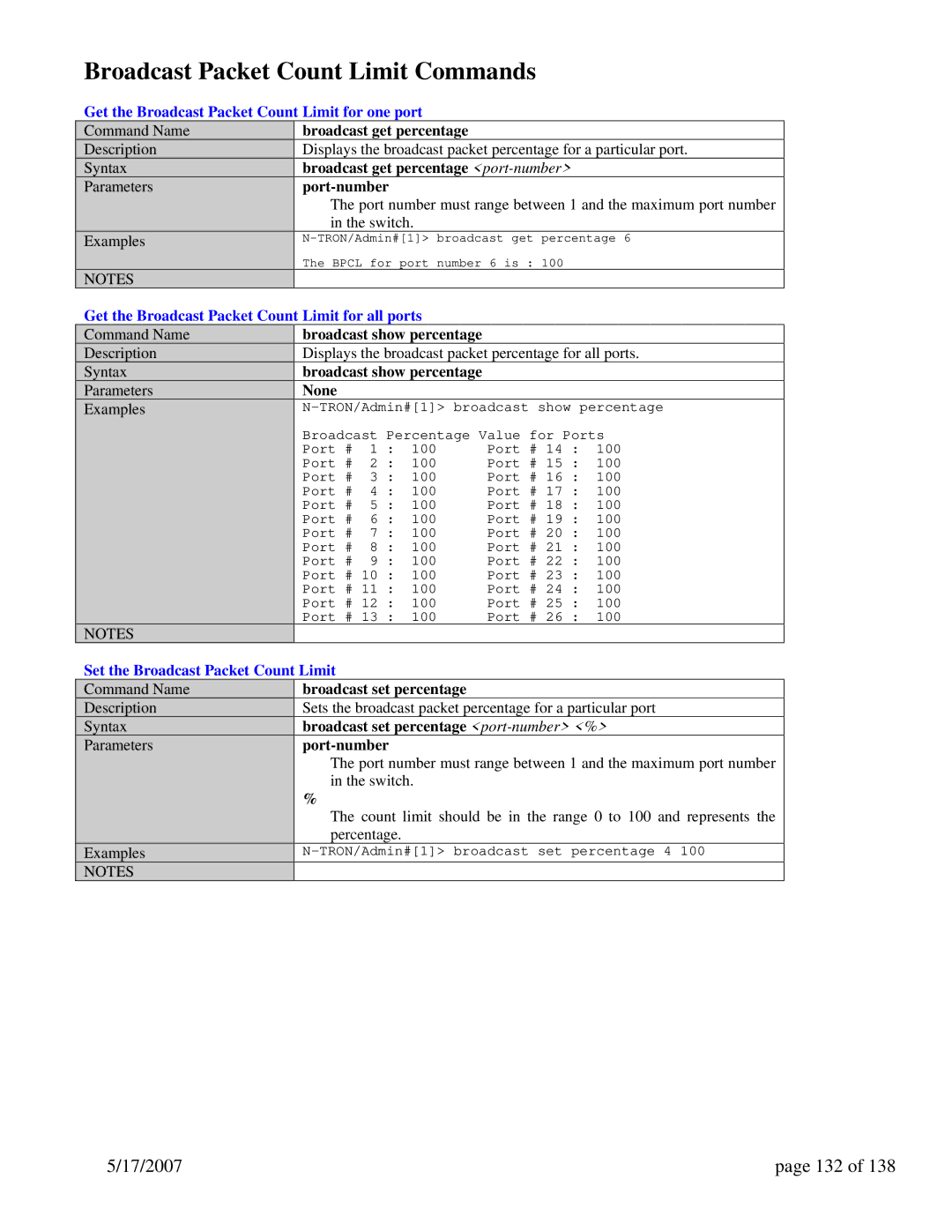 N-Tron 9000 Series Broadcast Packet Count Limit Commands, 17/2007 132, Get the Broadcast Packet Count Limit for one port 