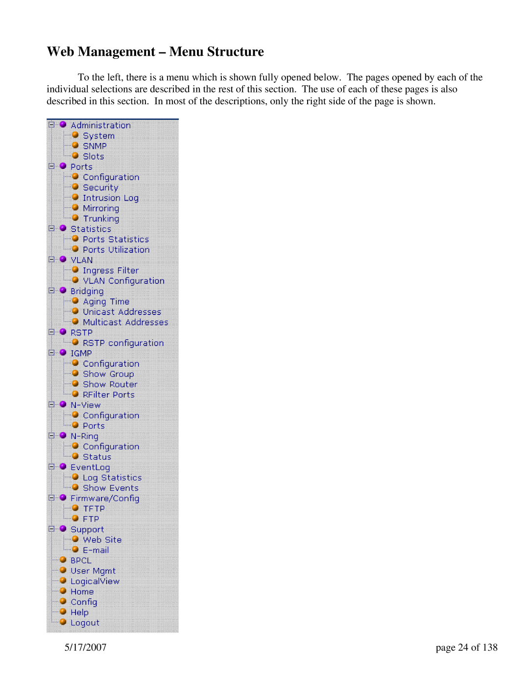 N-Tron 9000 Series user manual Web Management Menu Structure 