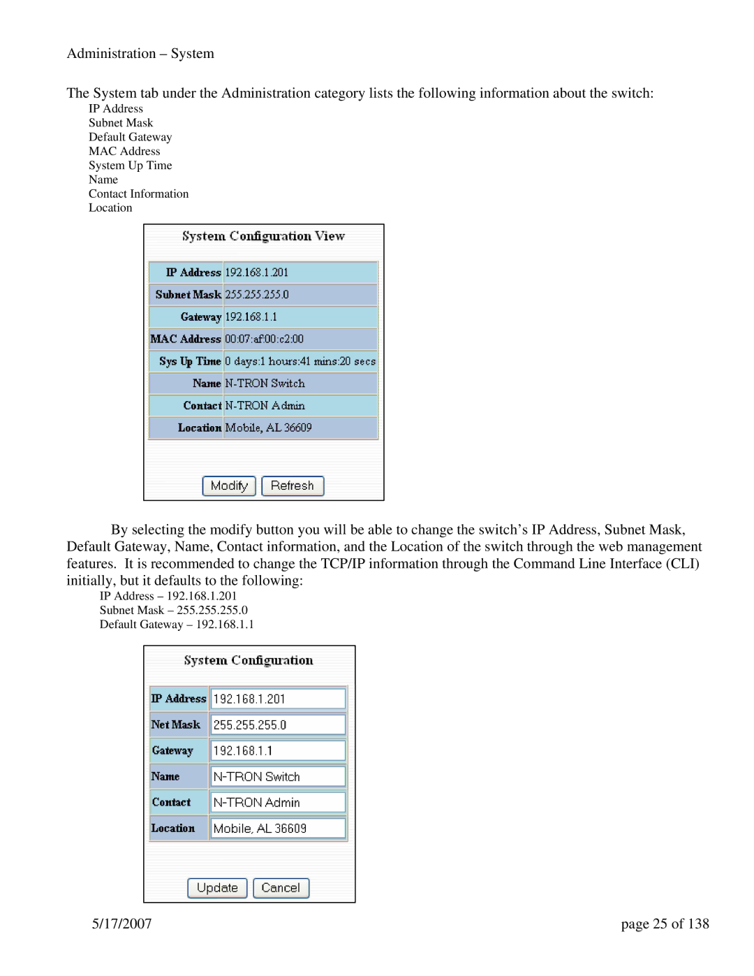 N-Tron 9000 Series user manual IP Address Subnet Mask Default Gateway 