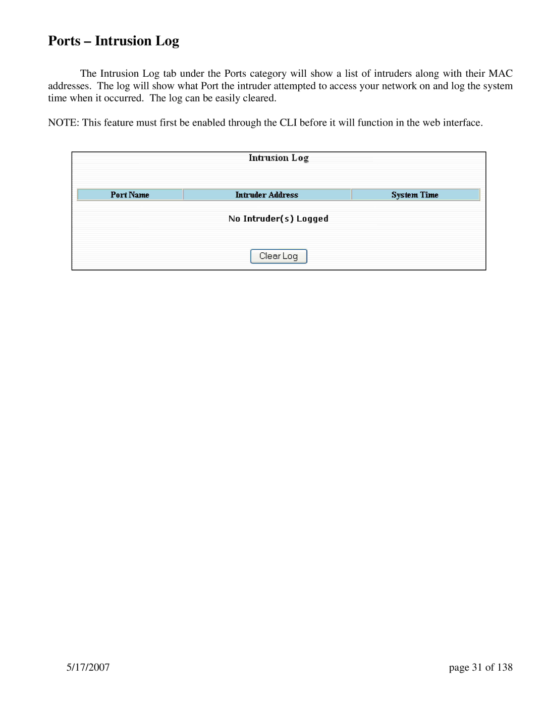 N-Tron 9000 Series user manual Ports Intrusion Log 