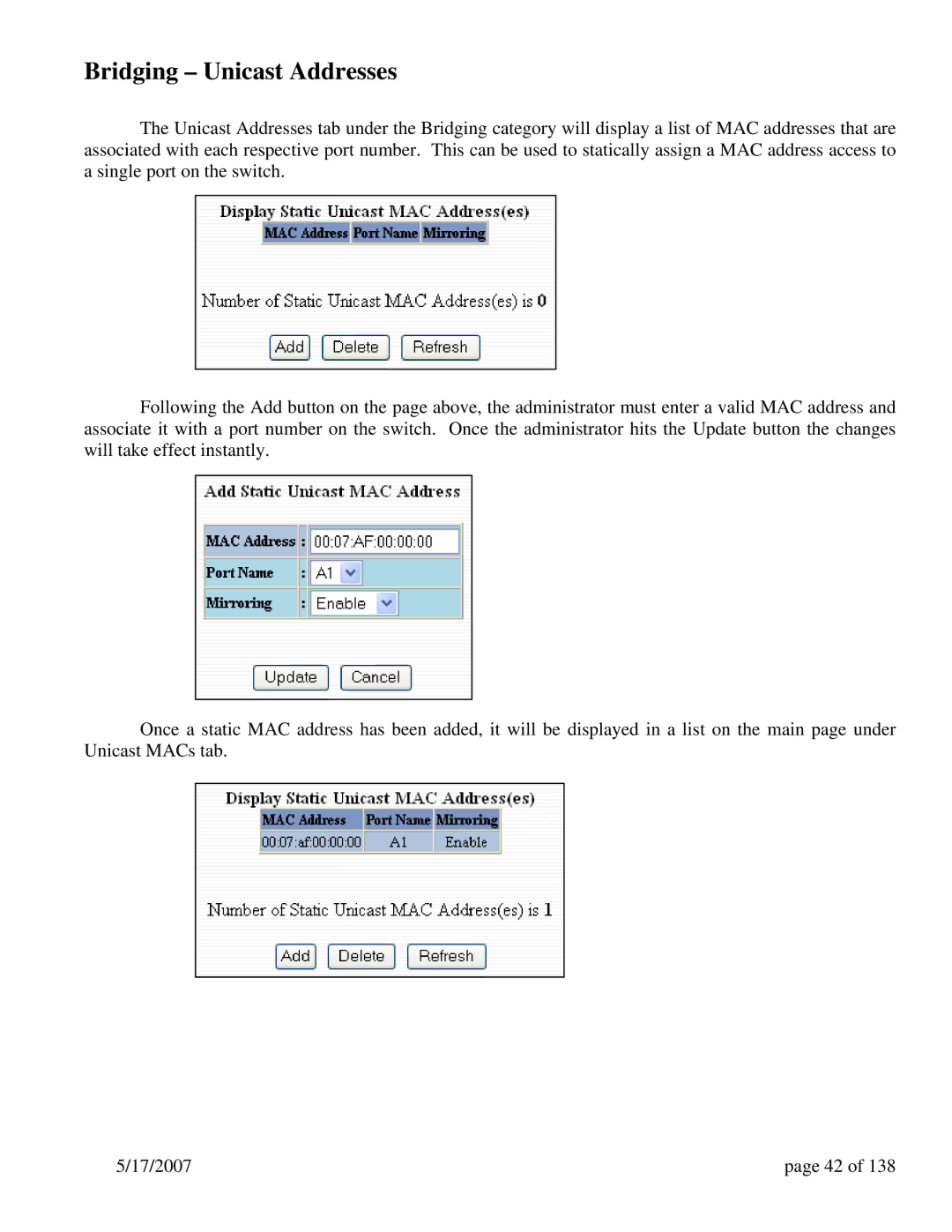 N-Tron 9000 Series user manual Bridging Unicast Addresses 