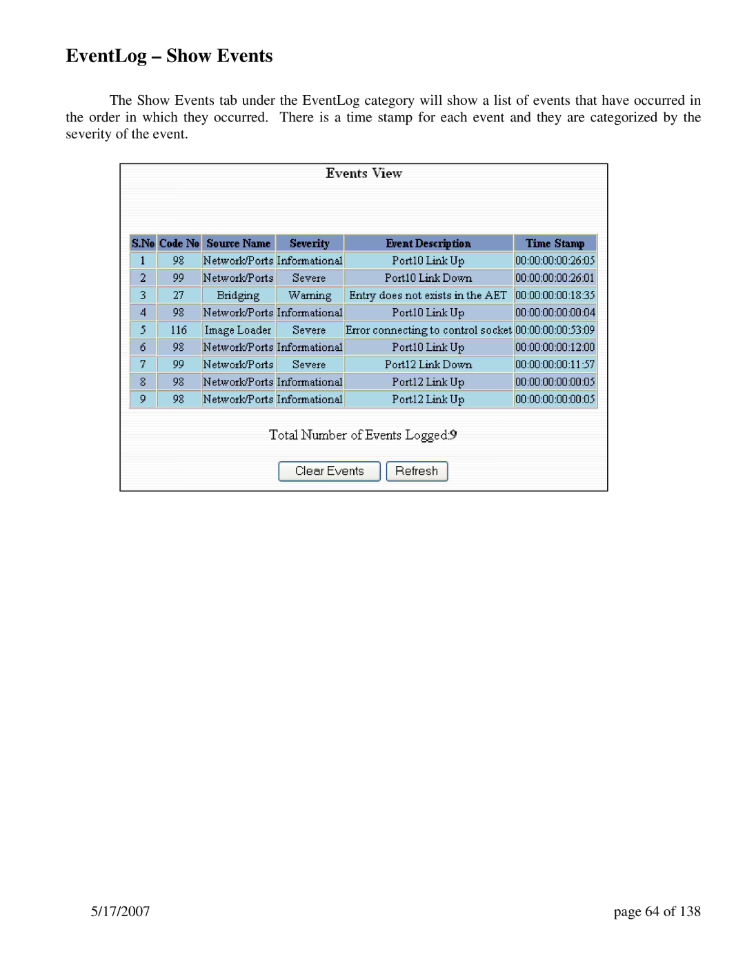 N-Tron 9000 Series user manual EventLog Show Events 