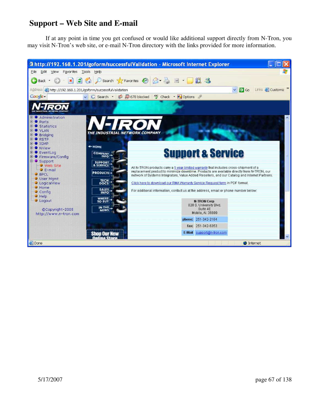 N-Tron 9000 Series user manual Support Web Site and E-mail 