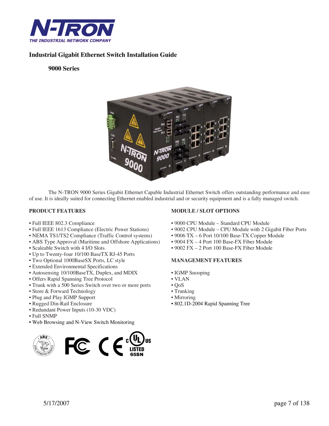 N-Tron 9000 Series user manual Industrial Gigabit Ethernet Switch Installation Guide Series 