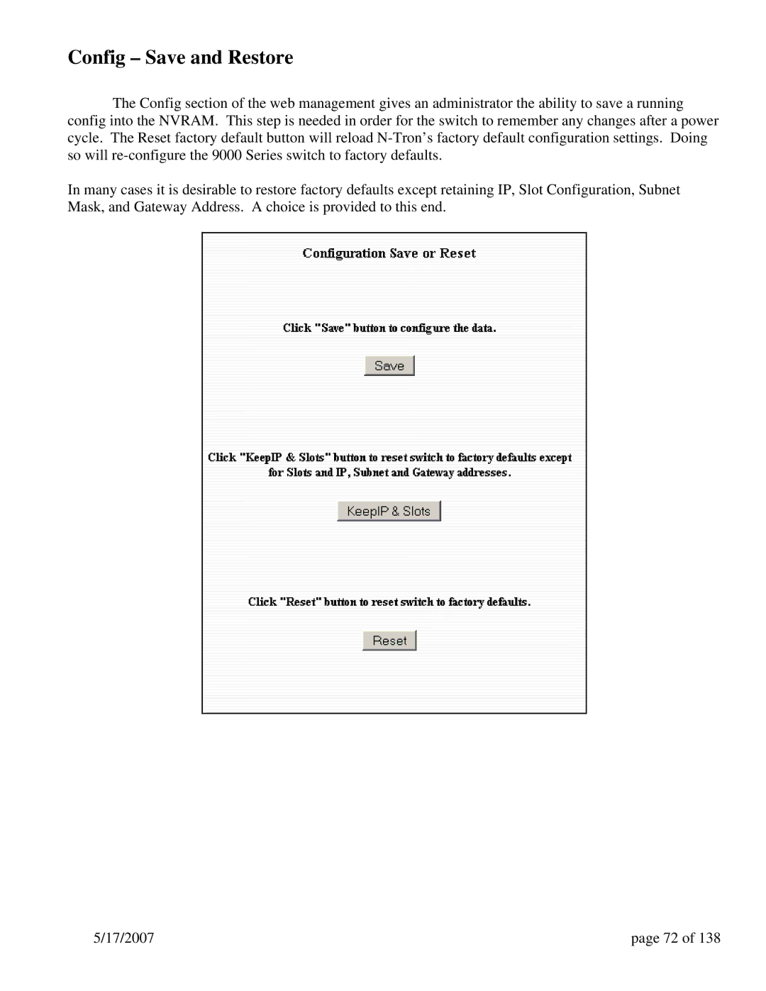 N-Tron 9000 Series user manual Config Save and Restore 