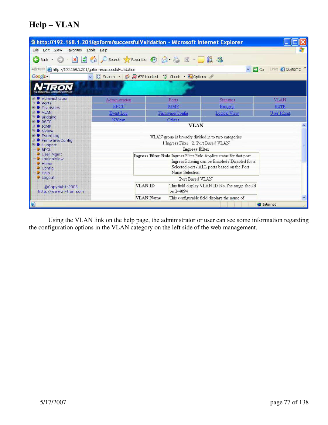 N-Tron 9000 Series user manual Help Vlan 