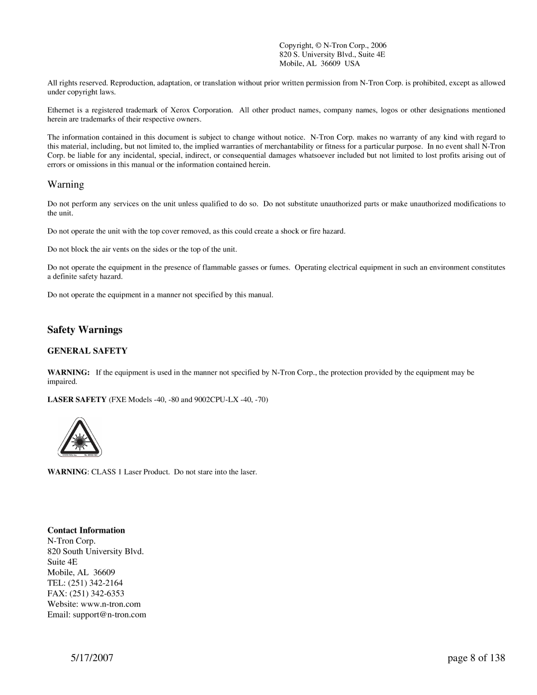 N-Tron 9000 Series user manual Safety Warnings, Contact Information 