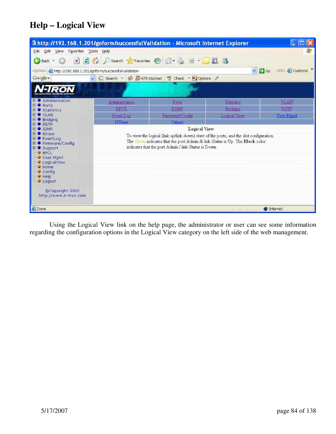 N-Tron 9000 Series user manual Help Logical View 