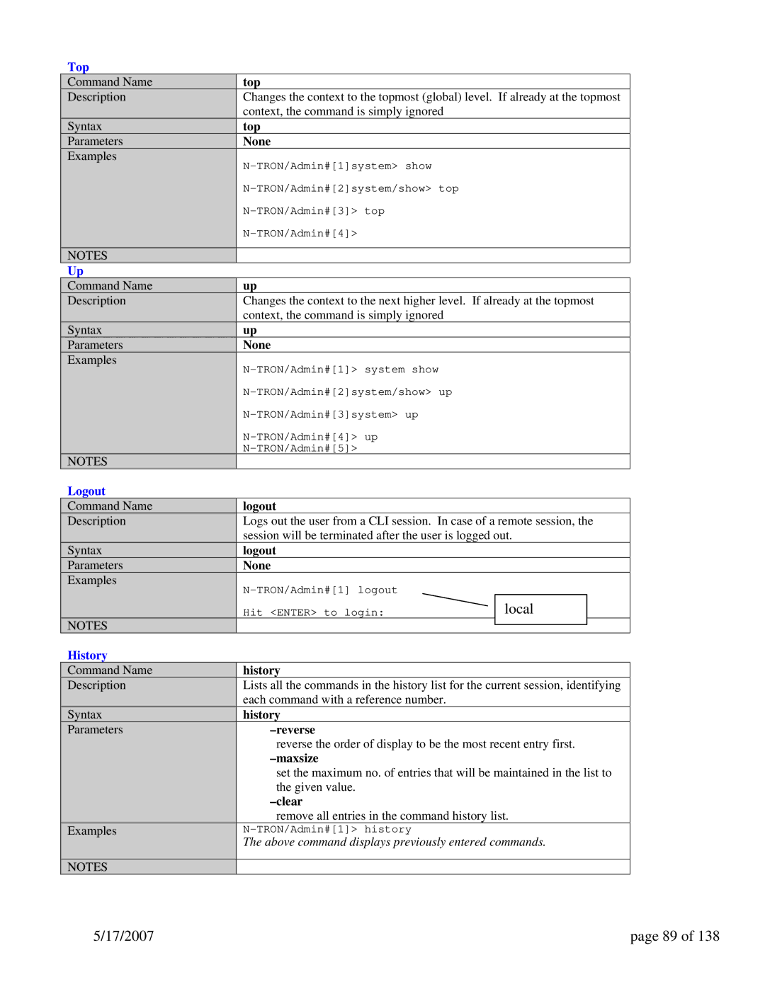 N-Tron 9000 Series user manual Local, Top, Logout, History 