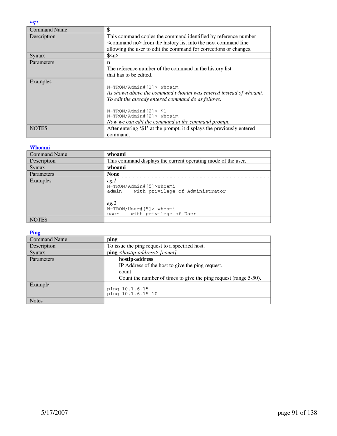 N-Tron 9000 Series user manual Whoami, Ping, Hostip-address 