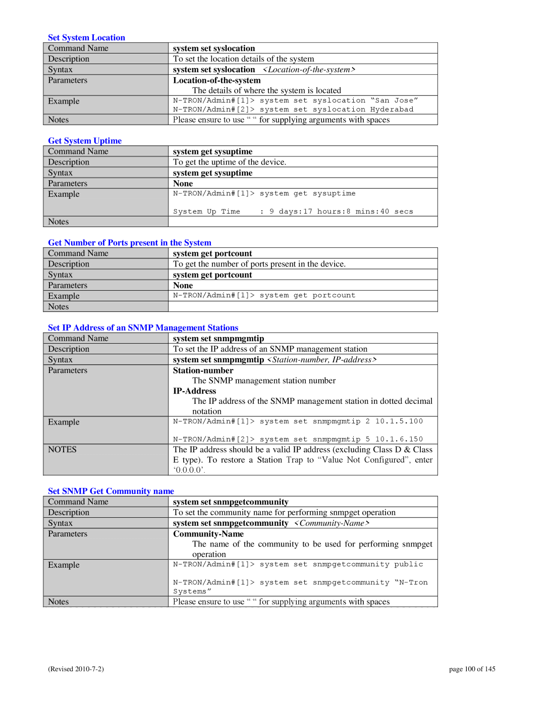 N-Tron 9000 Set System Location, Get System Uptime, Get Number of Ports present in the System, Set Snmp Get Community name 