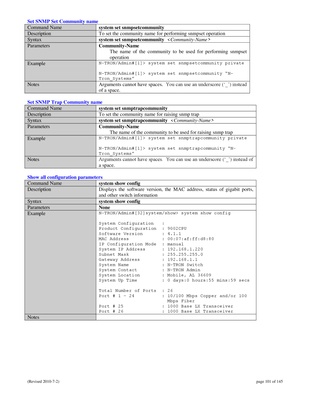 N-Tron 9000 user manual Set Snmp Set Community name, Set Snmp Trap Community name, Show all configuration parameters 