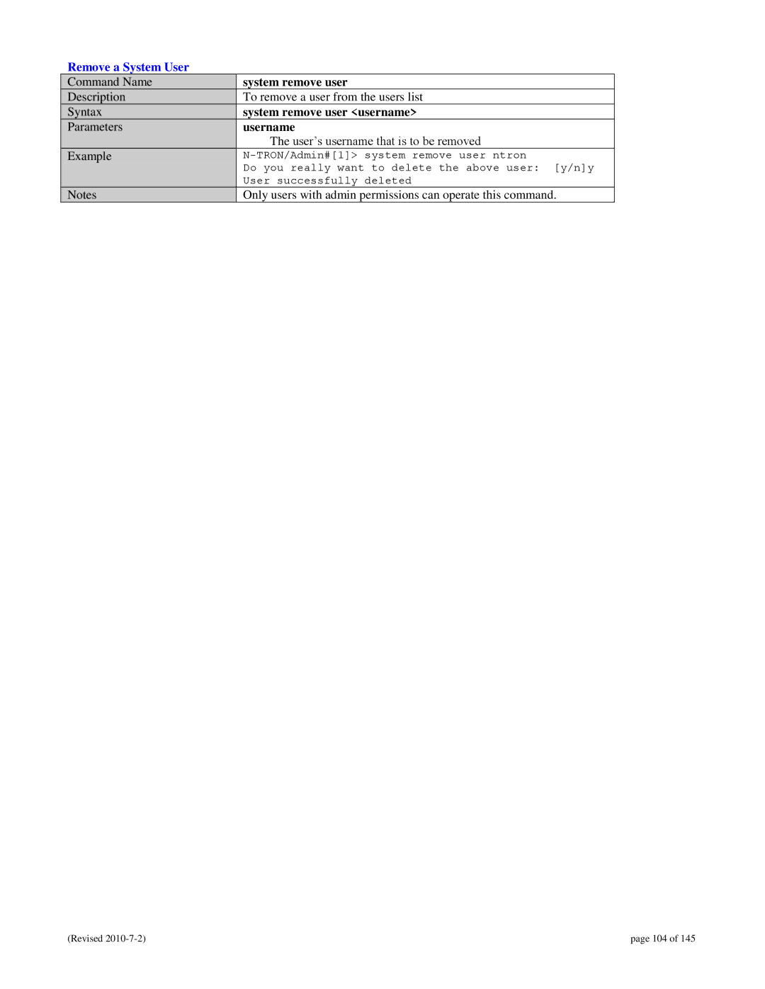 N-Tron 9000 user manual Remove a System User, System remove user username 