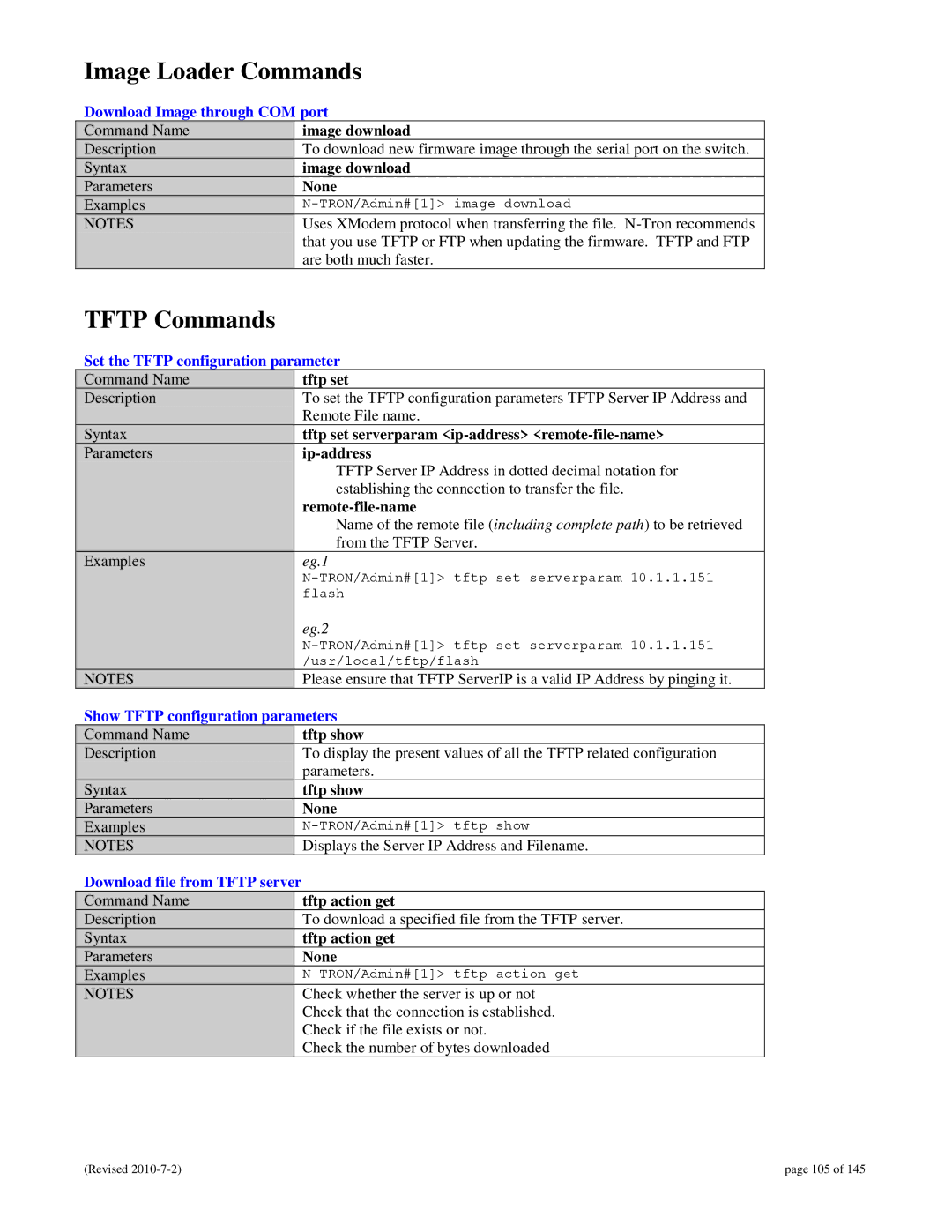 N-Tron 9000 user manual Image Loader Commands, Tftp Commands 