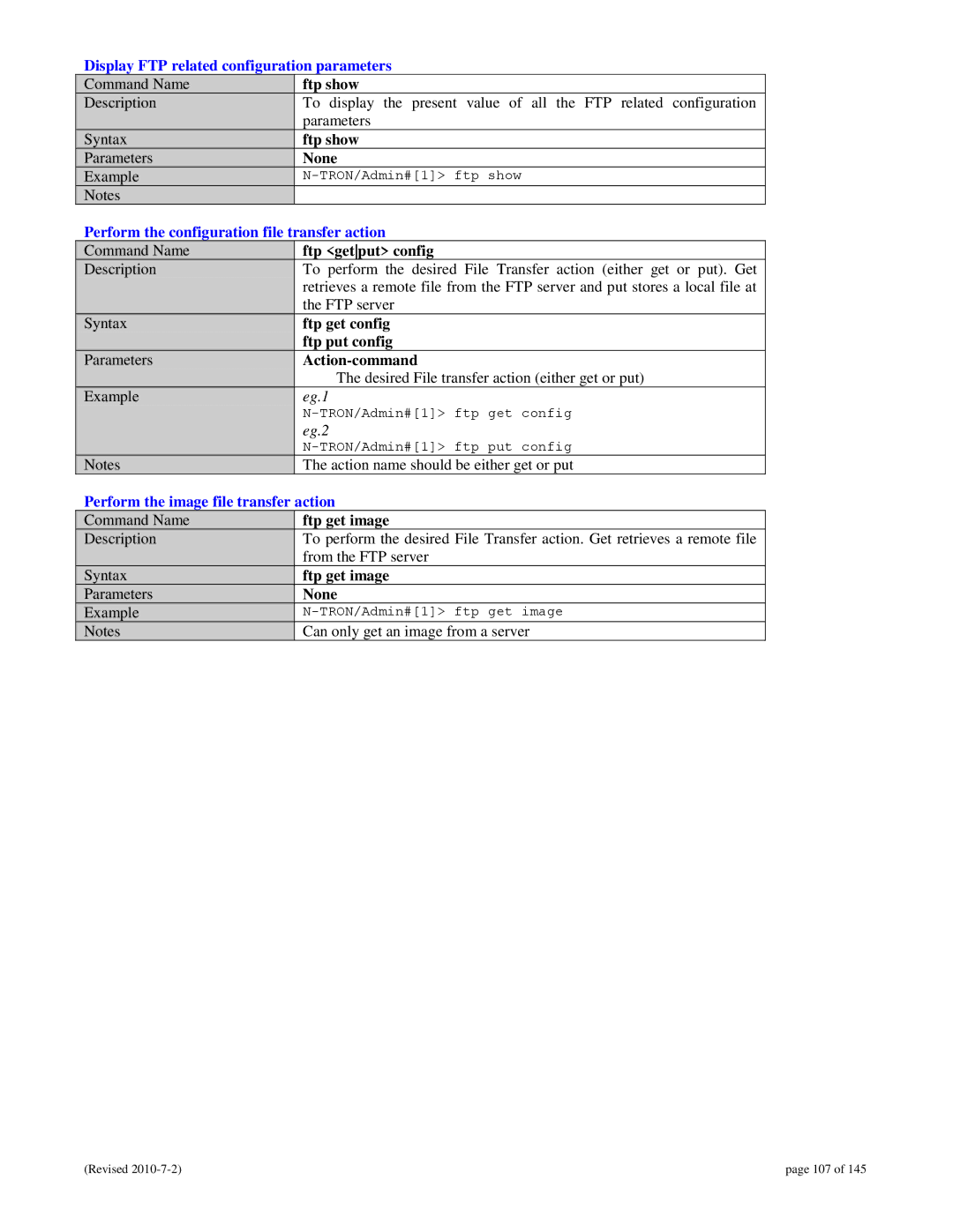 N-Tron 9000 user manual Display FTP related configuration parameters, Perform the configuration file transfer action 