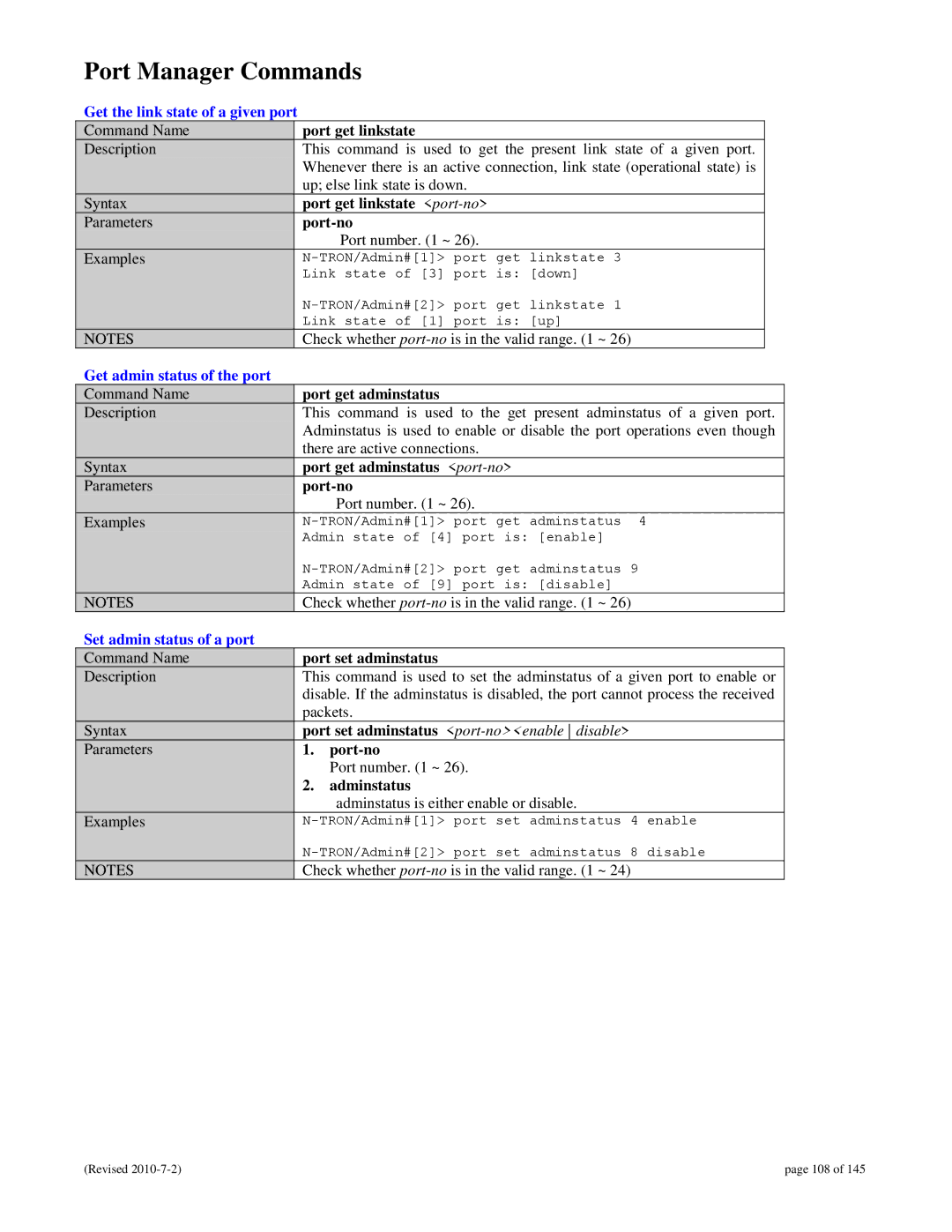 N-Tron 9000 user manual Port Manager Commands, Get the link state of a given port, Get admin status of the port 