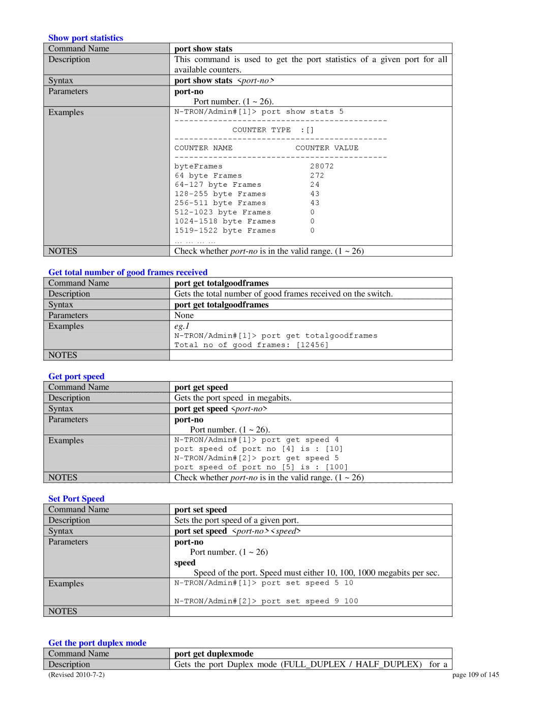 N-Tron 9000 user manual Show port statistics, Get total number of good frames received, Get port speed, Set Port Speed 