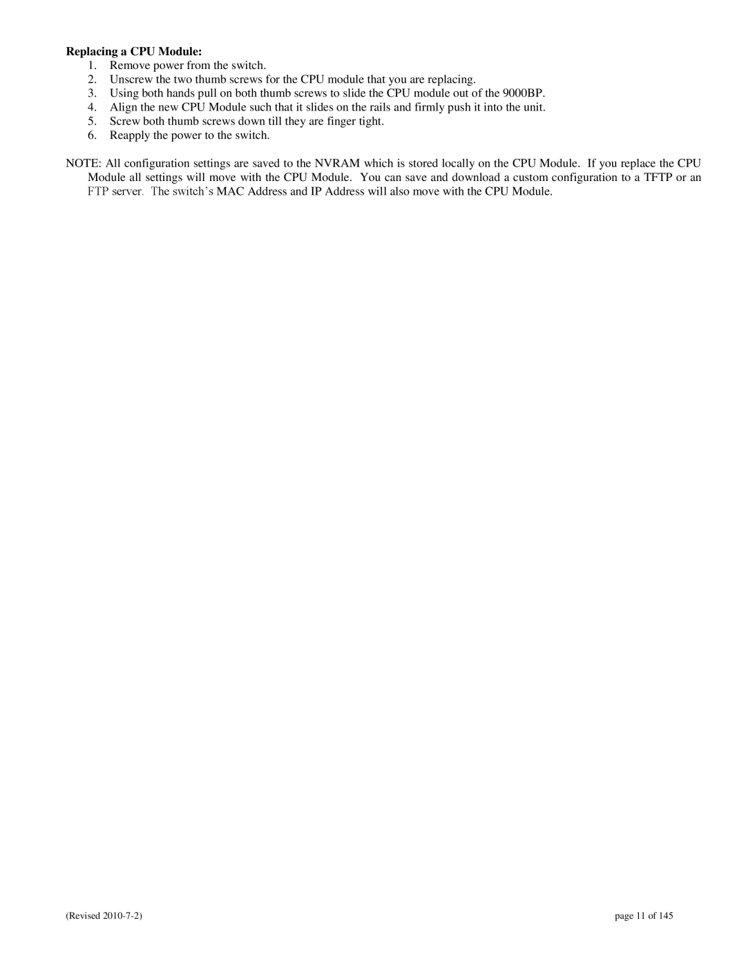 N-Tron 9000 user manual Replacing a CPU Module 