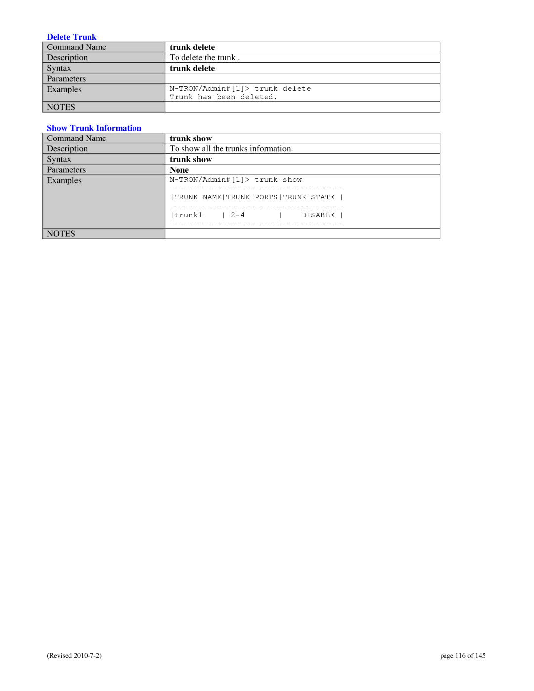 N-Tron 9000 user manual Delete Trunk, Trunk delete, Show Trunk Information, Trunk show 