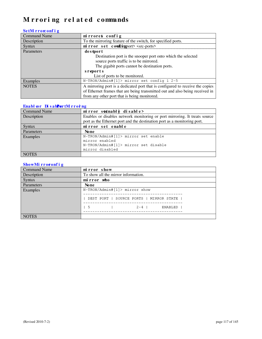 N-Tron 9000 user manual Mirroring related commands, Set Mirror config, Enable or Disable Port Mirroring, Show Mirror config 