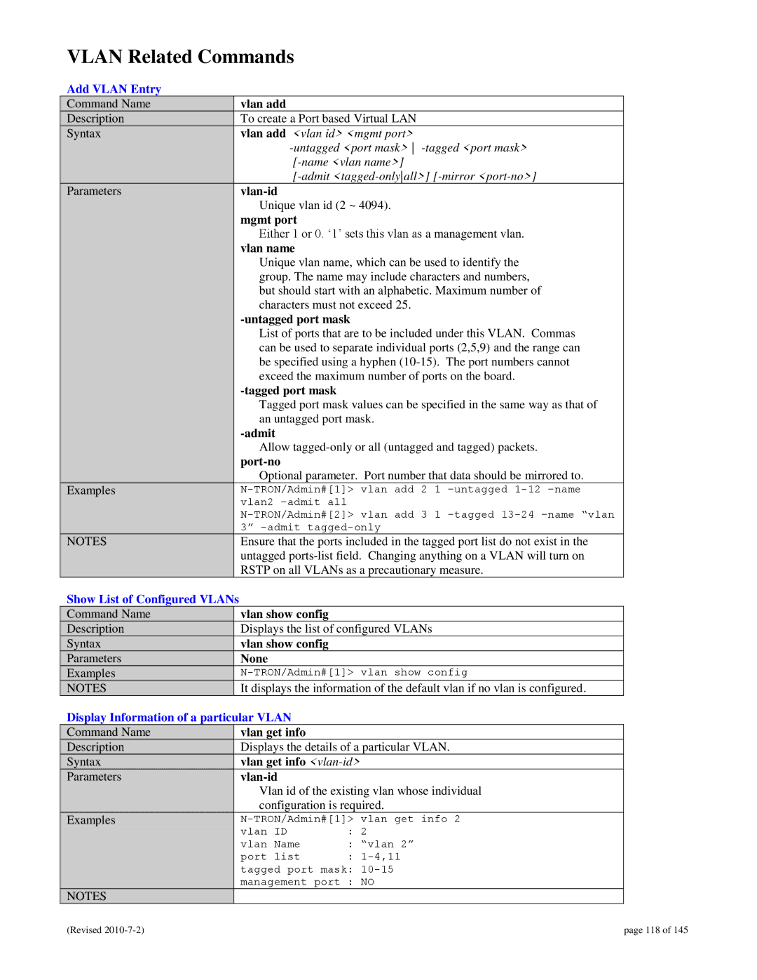 N-Tron 9000 Vlan Related Commands, Add Vlan Entry, Show List of Configured VLANs, Display Information of a particular Vlan 