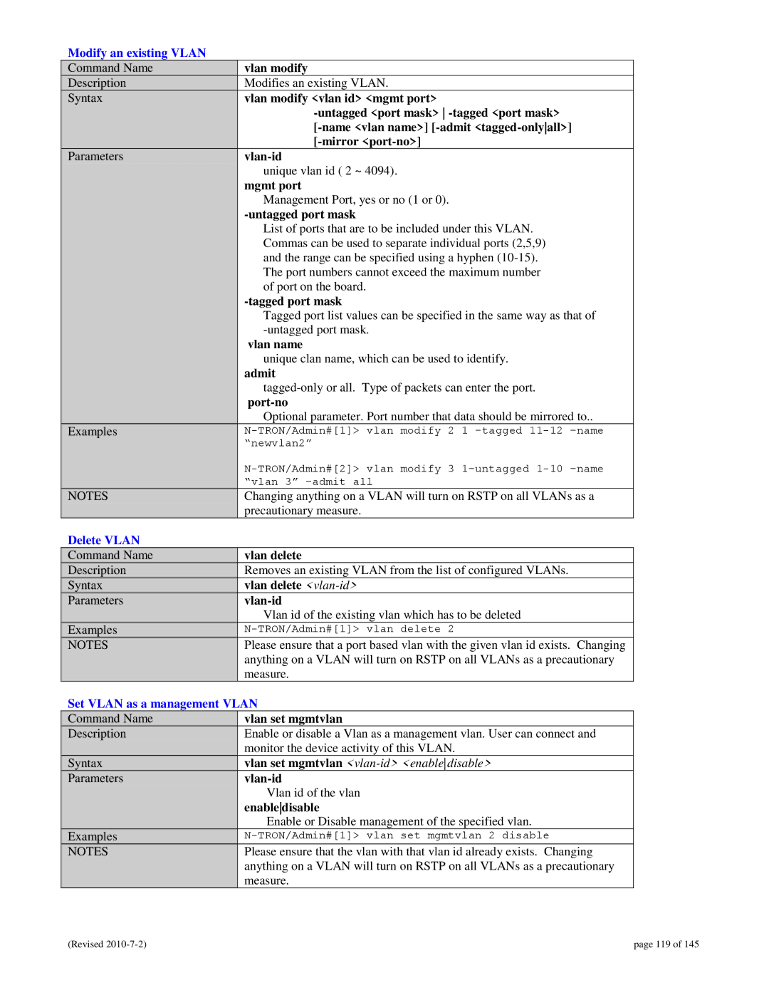 N-Tron 9000 user manual Modify an existing Vlan, Delete Vlan, Set Vlan as a management Vlan 