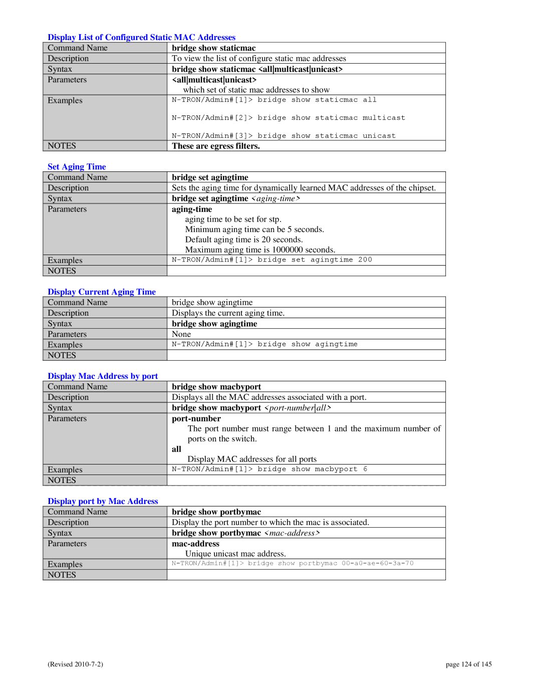 N-Tron 9000 user manual Display List of Configured Static MAC Addresses, Set Aging Time, Display Current Aging Time 