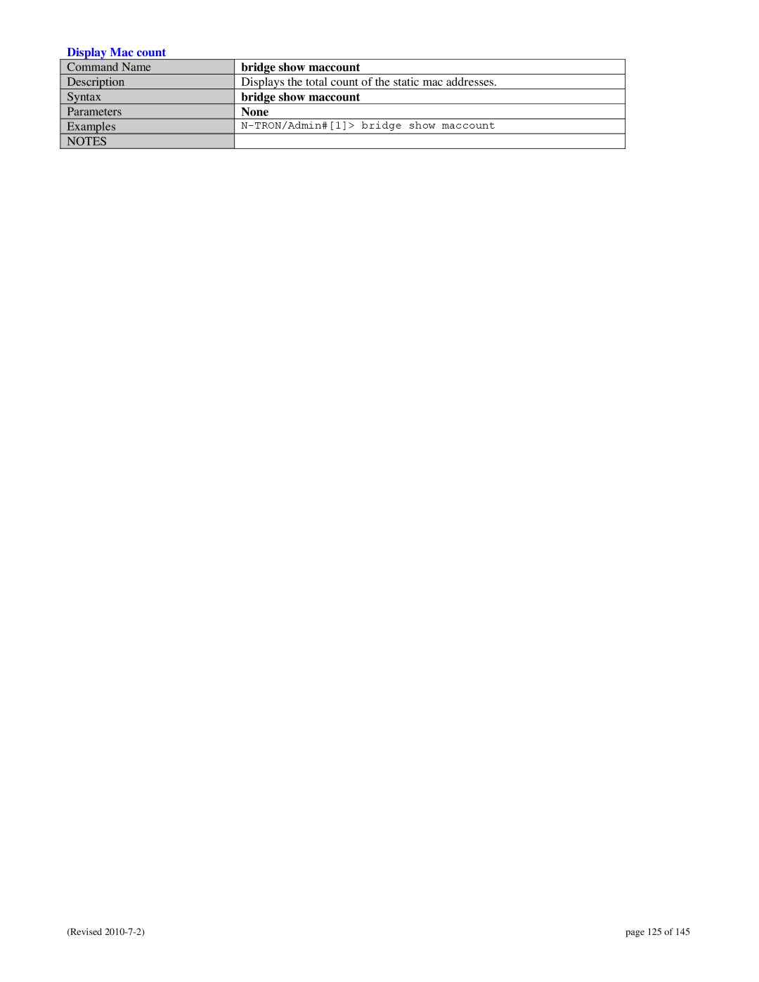 N-Tron 9000 user manual Display Mac count, Bridge show maccount 