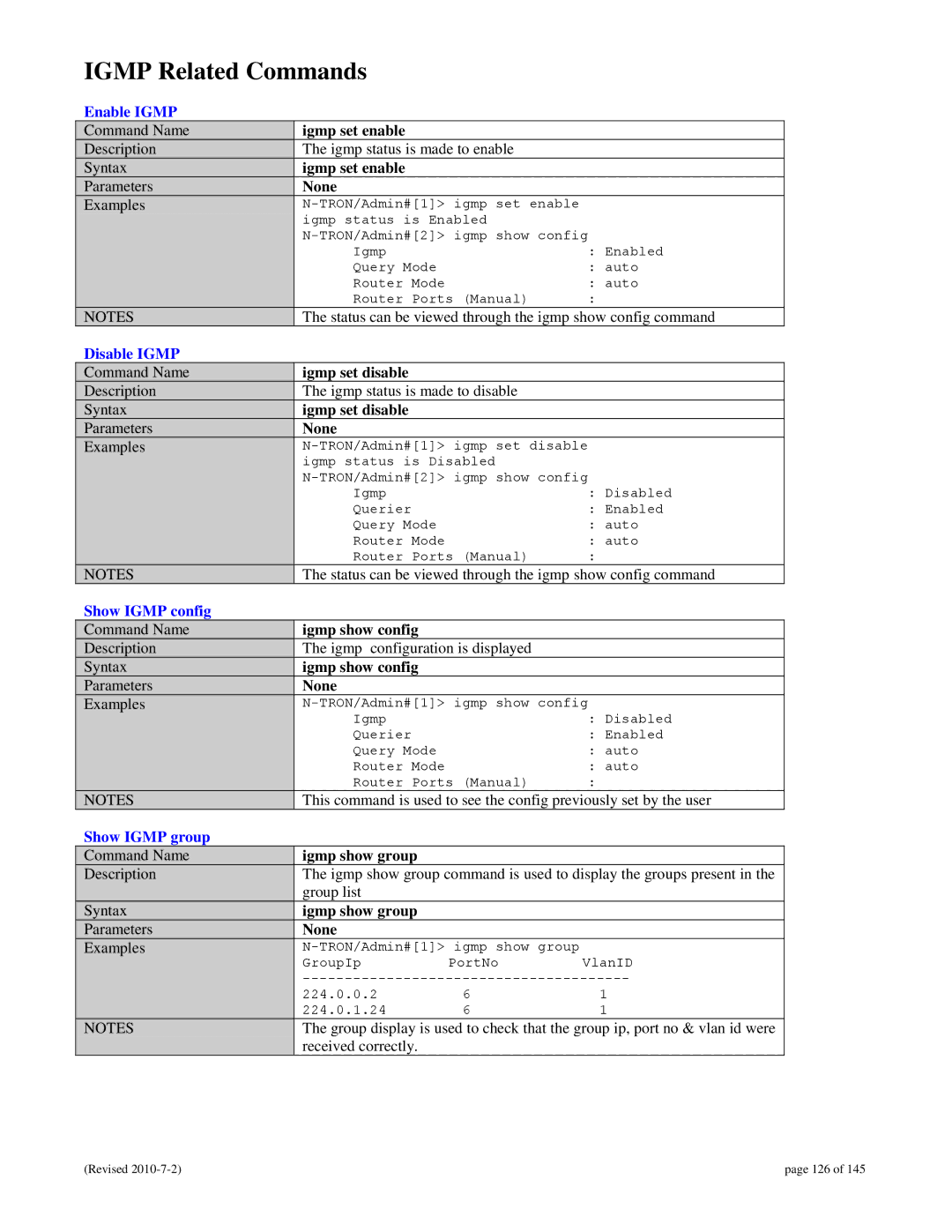 N-Tron 9000 user manual Igmp Related Commands, Enable Igmp, Disable Igmp, Show Igmp config, Show Igmp group 