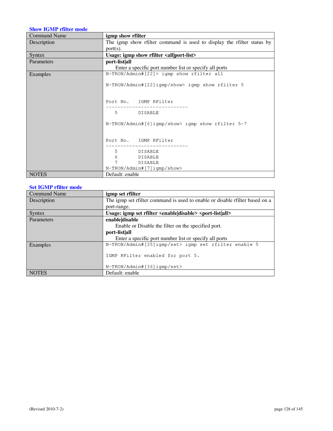 N-Tron 9000 user manual Show Igmp rfilter mode, Set Igmp rfilter mode 