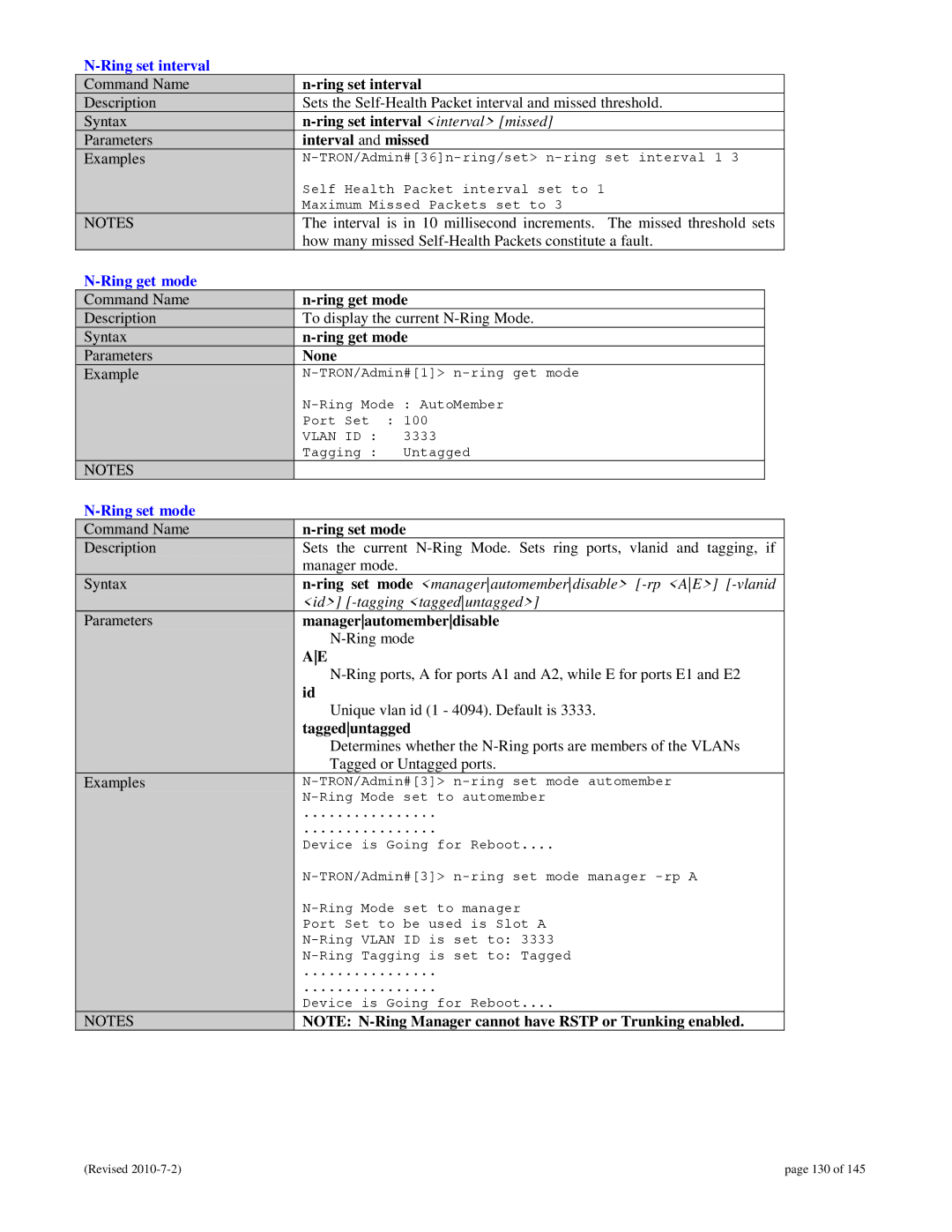 N-Tron 9000 user manual Ring set interval, Ring get mode, Ring set mode 