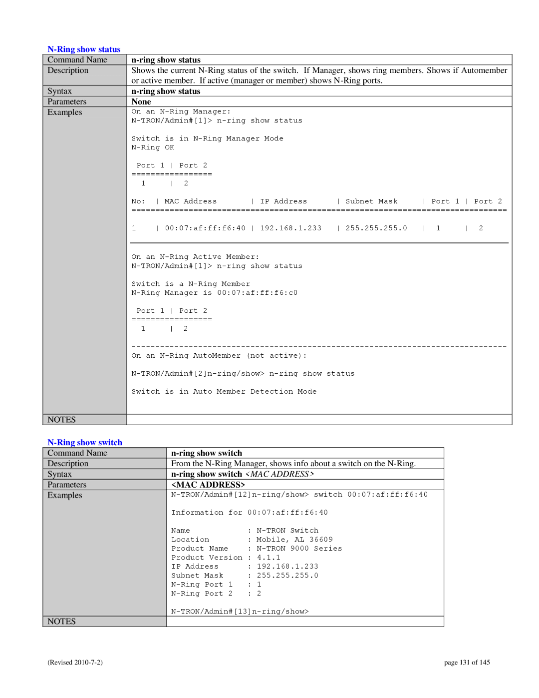 N-Tron 9000 user manual Ring show status, Ring show switch MAC Address 