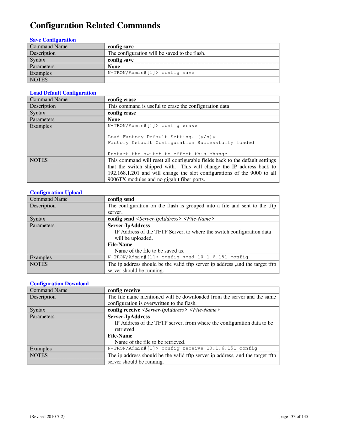 N-Tron 9000 Configuration Related Commands, Save Configuration, Load Default Configuration, Configuration Upload 