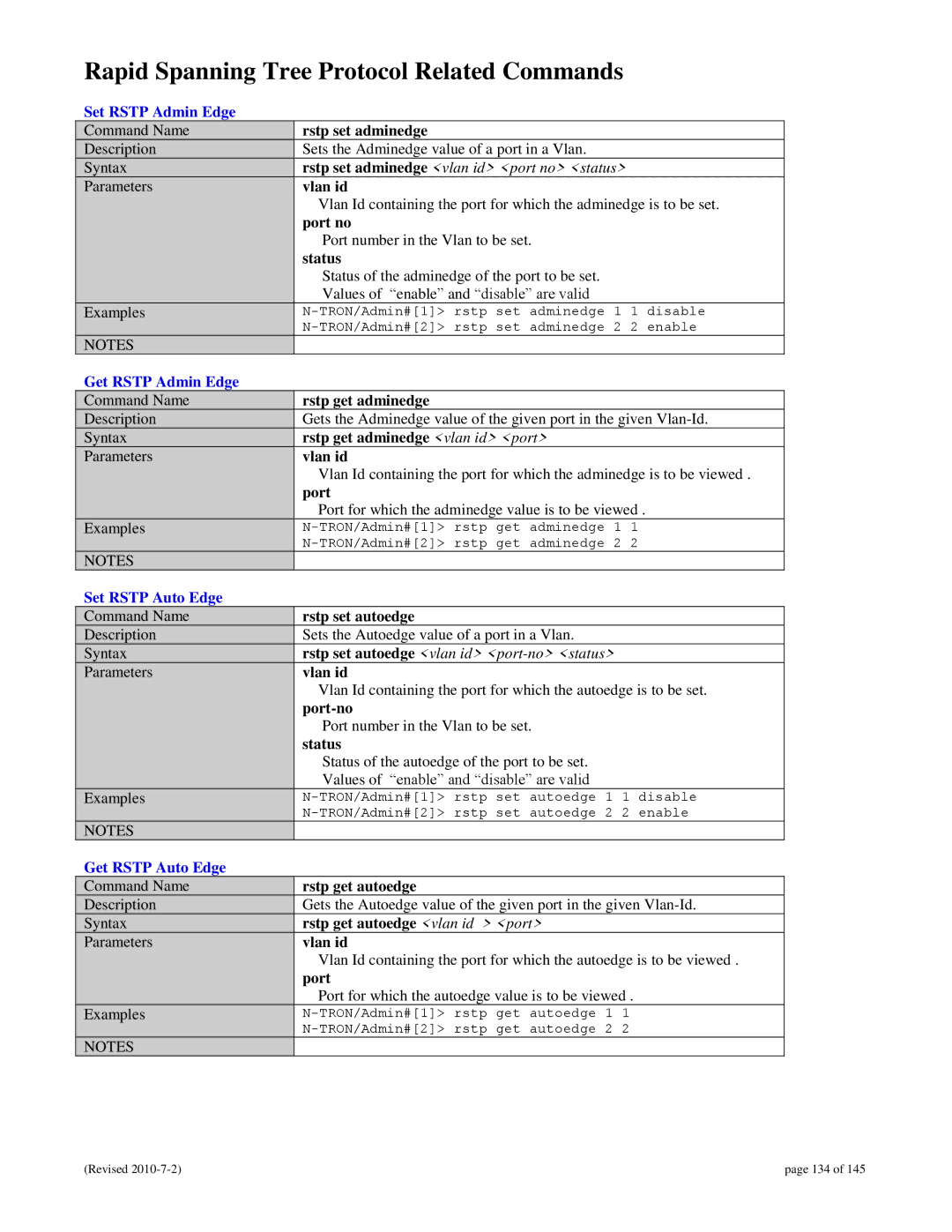 N-Tron 9000 Rapid Spanning Tree Protocol Related Commands, Set Rstp Admin Edge, Get Rstp Admin Edge, Set Rstp Auto Edge 