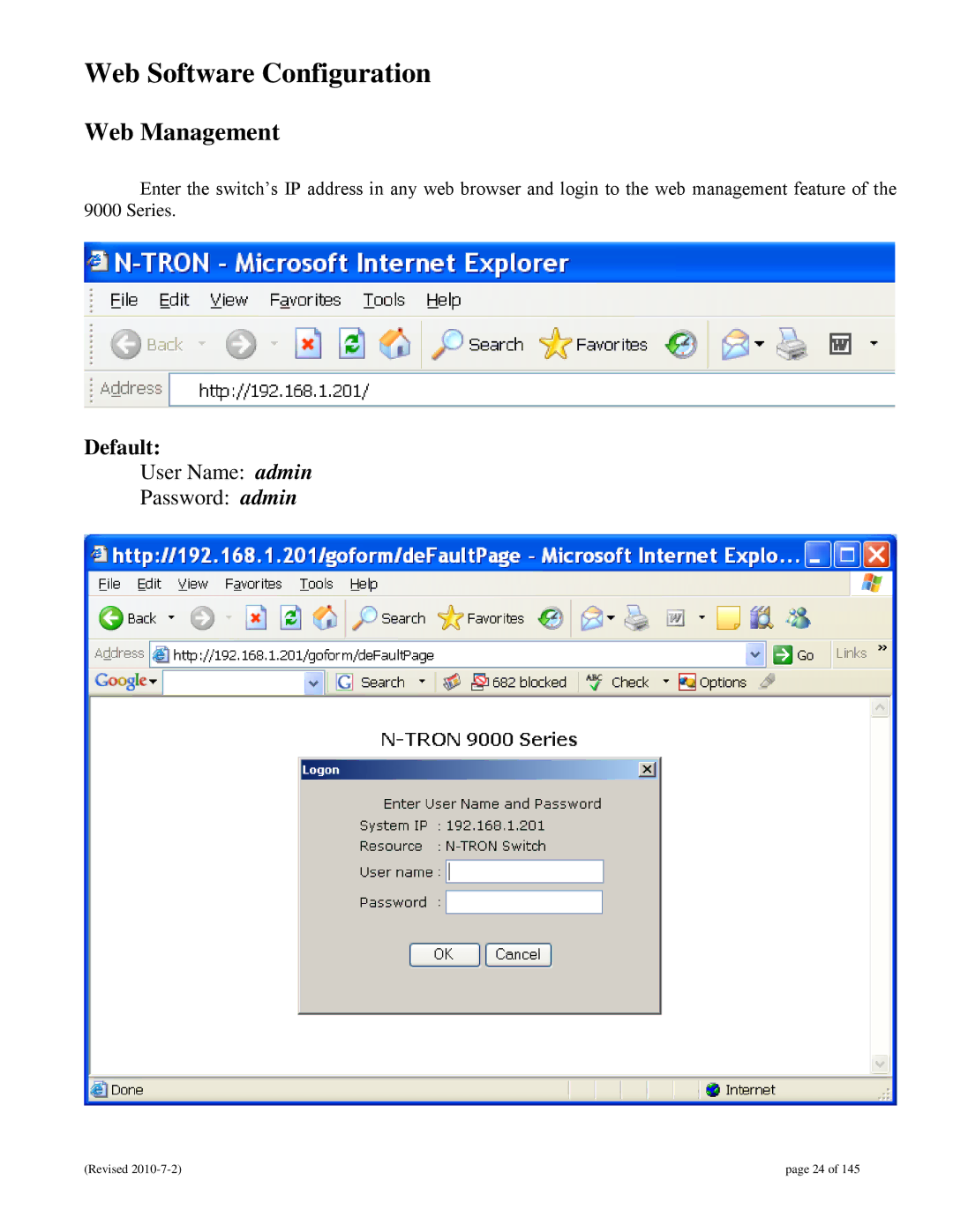 N-Tron 9000 user manual Web Software Configuration, Web Management 