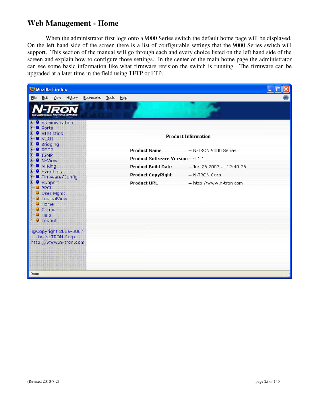 N-Tron 9000 user manual Web Management Home 