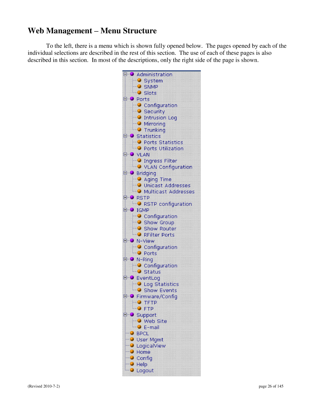 N-Tron 9000 user manual Web Management Menu Structure 