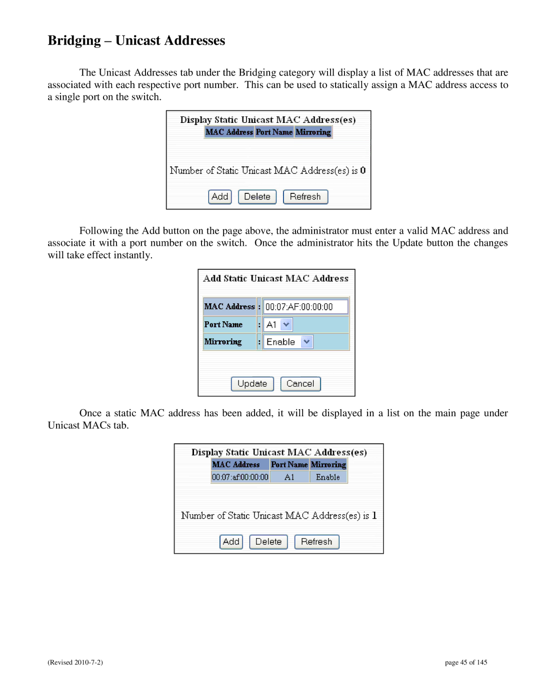 N-Tron 9000 user manual Bridging Unicast Addresses 