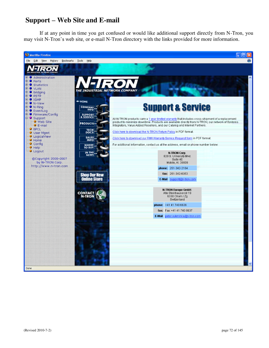 N-Tron 9000 user manual Support Web Site and E-mail 