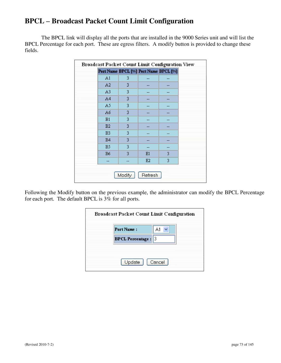 N-Tron 9000 user manual Bpcl Broadcast Packet Count Limit Configuration 