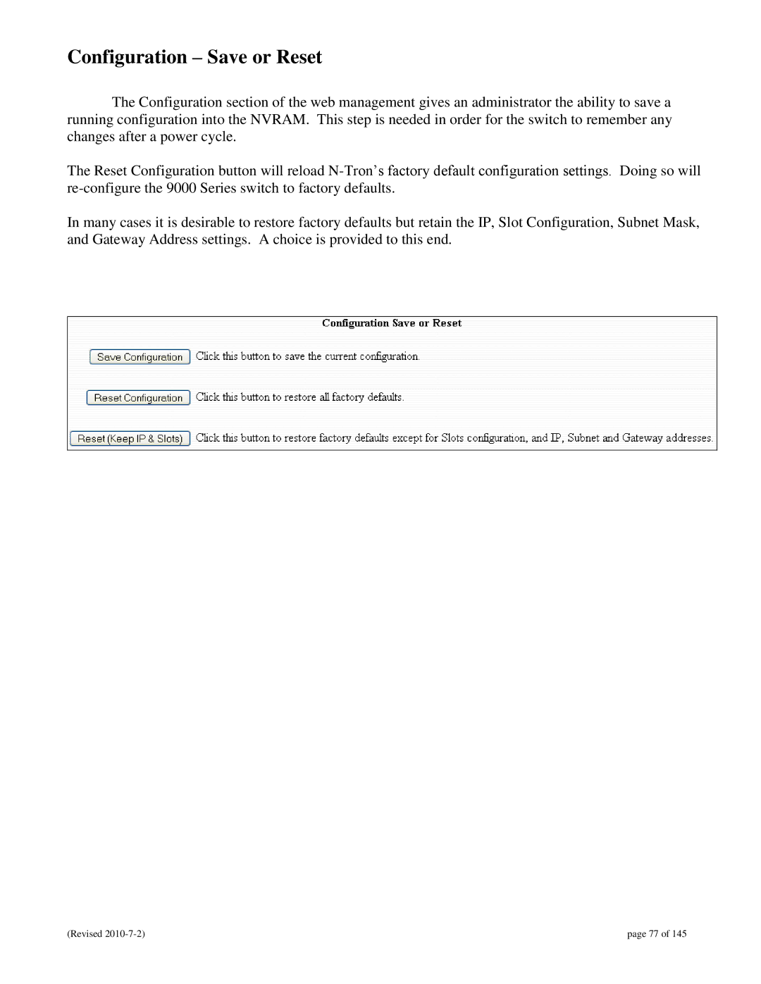 N-Tron 9000 user manual Configuration Save or Reset 